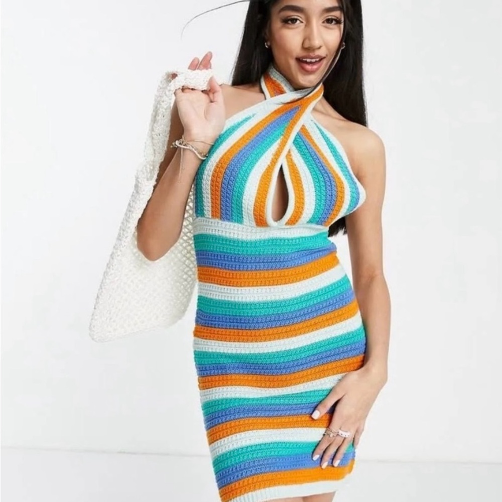 ASOS Knit halter neck multi stripe mini dress